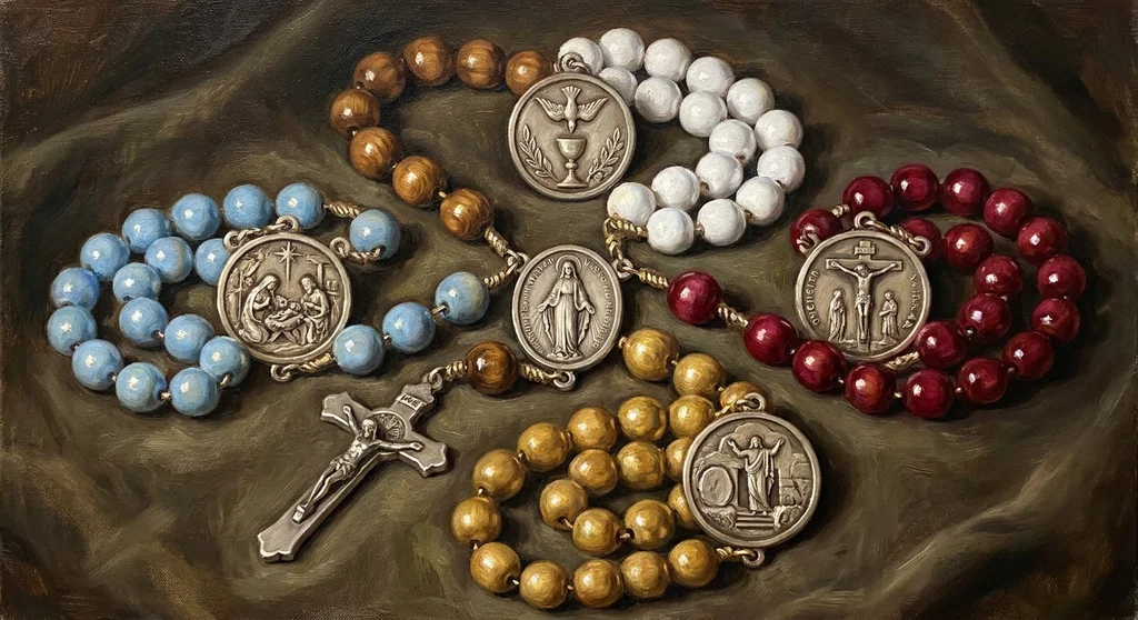 Kolorowe dziesiątki różańca z medalionami ilustrującymi tajemnice radosne, światła, bolesne i chwalebne.