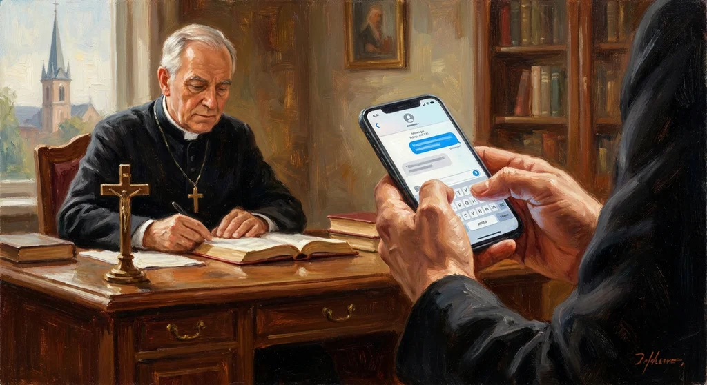 Dłonie piszące SMS-a na smartfonie, w tle starszy ksiądz siedzący przy biurku w gabinecie.