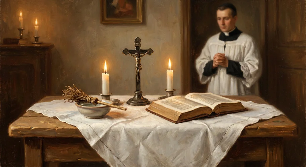 Stół z białym obrusem, krzyżem, świecami, kropidłem i Biblią, przygotowany na kolędę. W tle modlący się ksiądz.