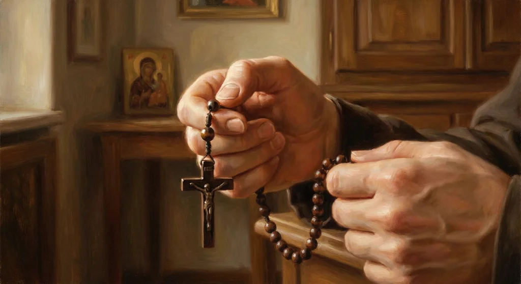 Dłonie trzymające drewniany różaniec z krzyżykiem, w tle ikona Matki Bożej.