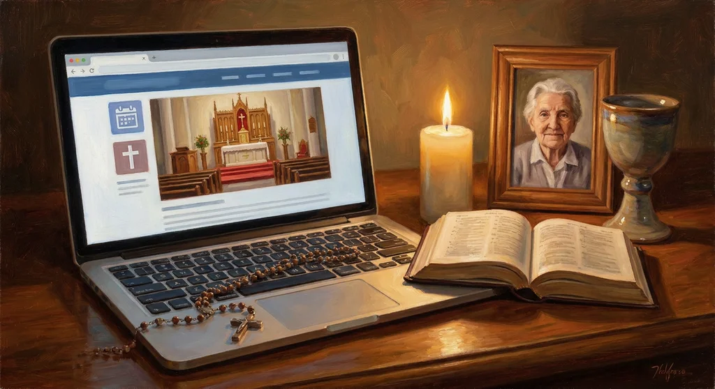 Laptop ze stroną kościoła, różaniec, zdjęcie zmarłej kobiety w ramce, zapalona świeca i otwarta Biblia.