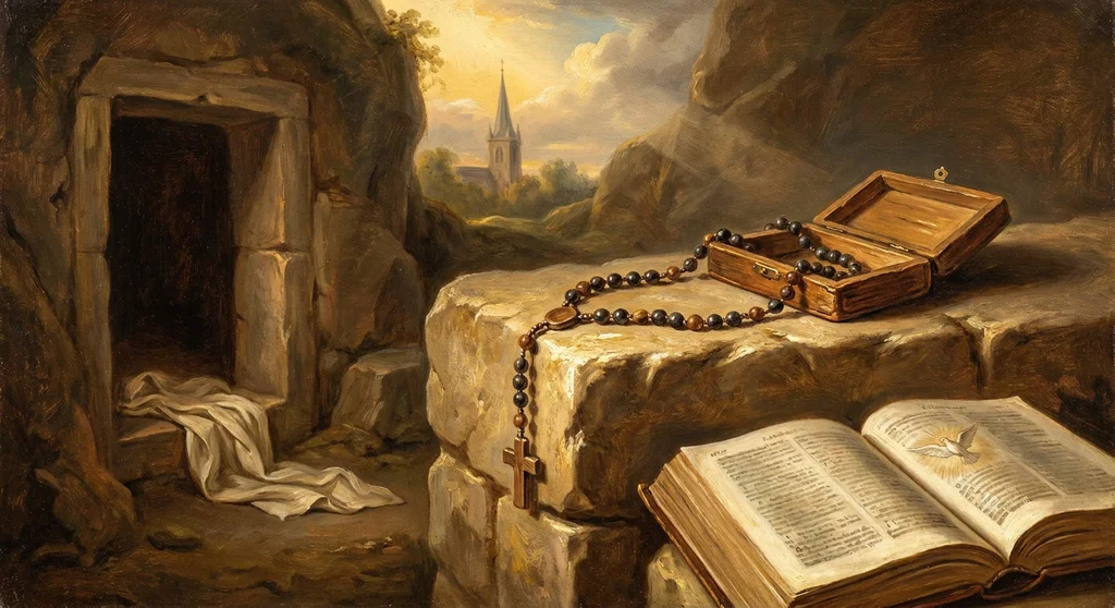 Pusty grób z całunem, różaniec oraz otwarta Biblia z wizerunkiem gołębicy na tle wieży kościoła o świcie.