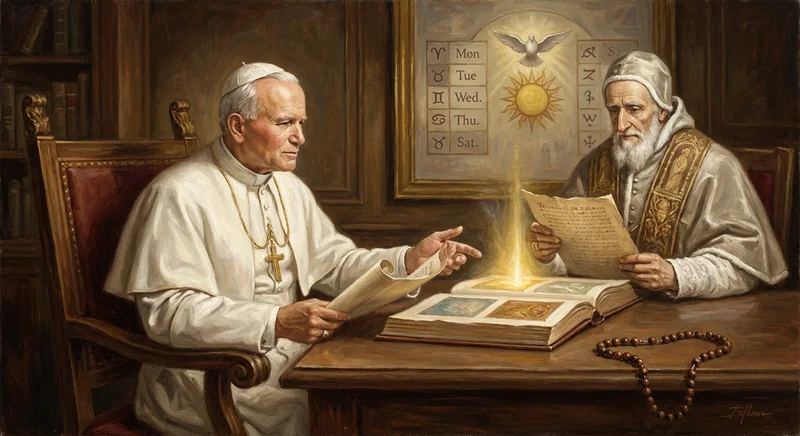 Papież Jan Paweł II i Pius V przy stole z księgą i różańcem, w tle kalendarz z dniami tygodnia.