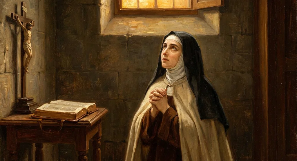 Modląca się św. Teresa z Ávili w celi zakonnej, patrząca w stronę światła, obok krucyfiksu i księgi.