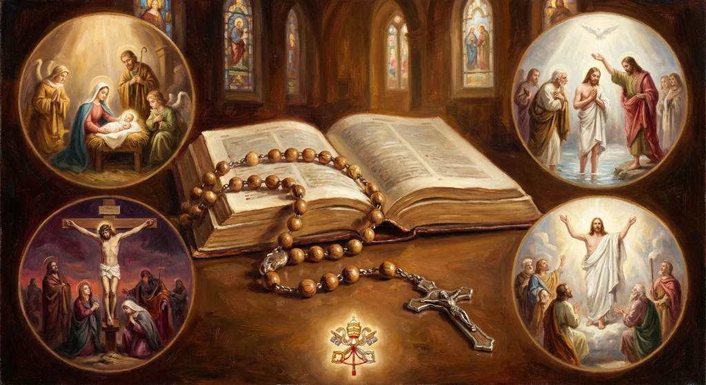 Otwarta Biblia i różaniec w otoczeniu scen ilustrujących tajemnice radosne, światła, bolesne i chwalebne.