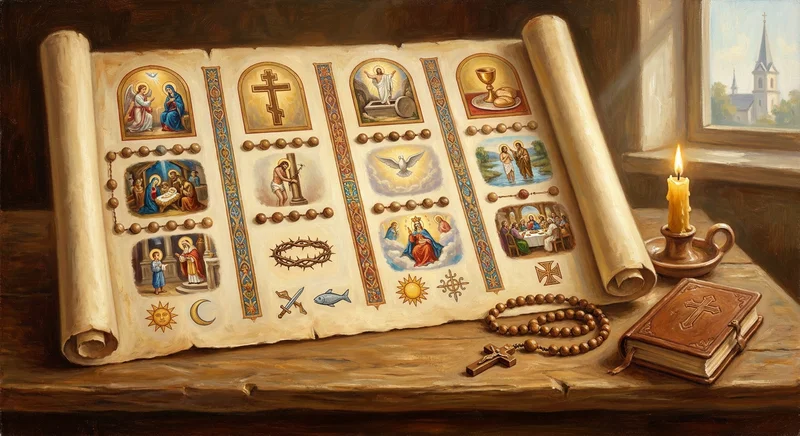 Rozwinięty zwój z ilustracjami tajemnic różańcowych, obok którego leży drewniany różaniec, Biblia i płonąca świeca.